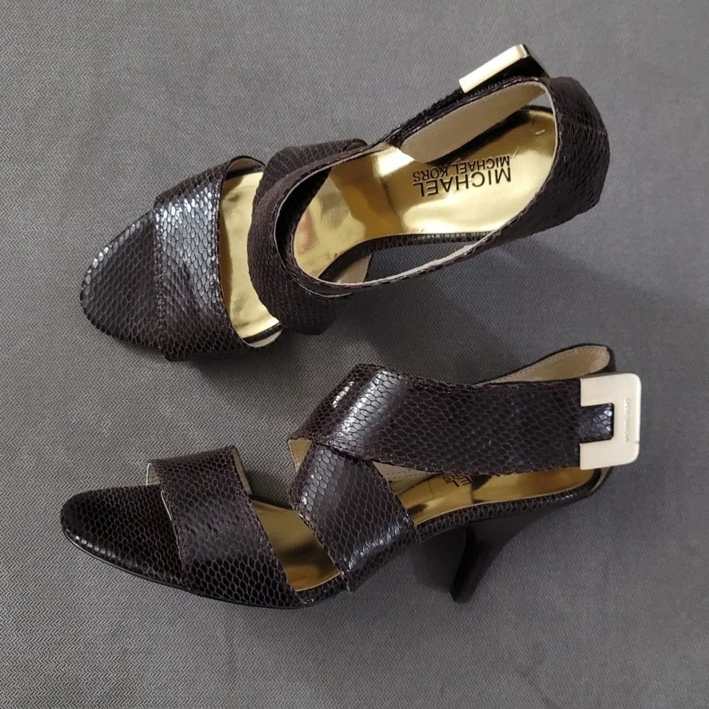 Michael Kors Beverly Brown Genuine Snake‎ Skin Sandals Heels Size 7.5 M